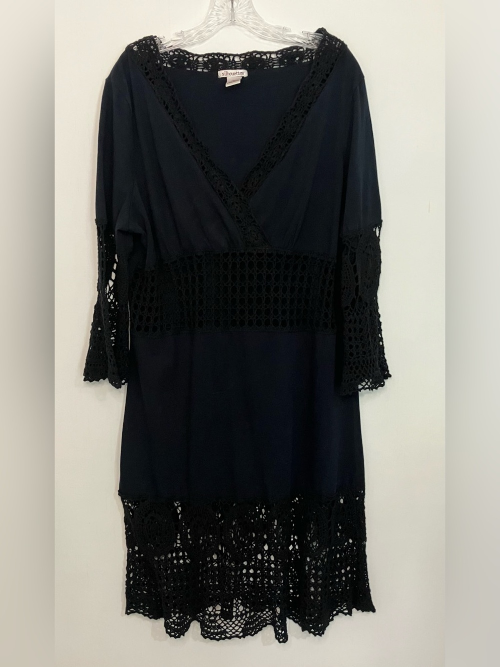 Silhouettes Black Bell-Sleeve Crochet Peek-a-boo Dress 1X Festival Boho Vacatio